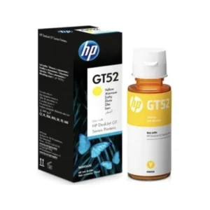 Embalagem e frasco de Tinta Original HP GT52 Amarela M0H56AE de 70 ml.