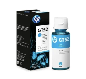 Embalagem e frasco da Tinta Original HP GT52 Ciano M0H54AE de 70 ml.